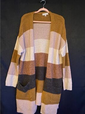Knox Rose - Women's Striped Open Front Cardigan Sweater - Camel/Pink/Gray sz XL